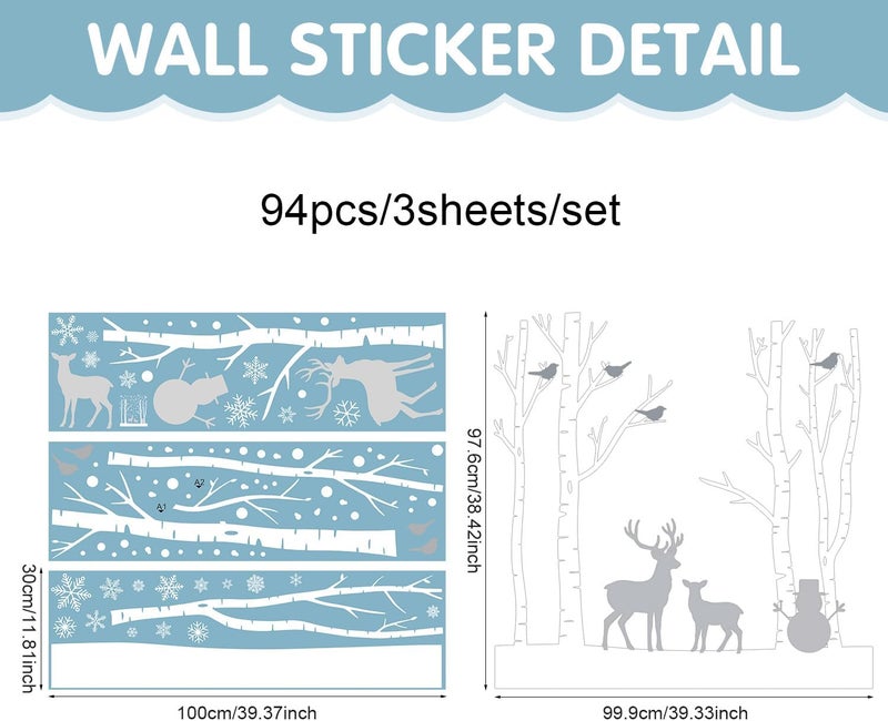 Kasubeso Large Birch Tree Deer Window Decal, Snowy Christmas Snowman Window Stickers, Peel and Stick Winter Snowflake Window Clings for Holiday Party Bedroom Living Room Offices Home Decoration - Image 2